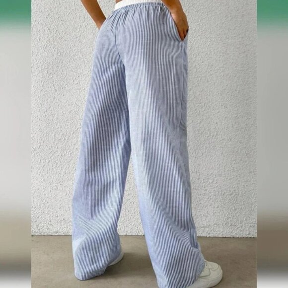 Women's Casual Blue Striped Woven Wide Leg Pants With Loose Fit - Picture 2 of 7
